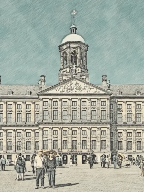 Watercolor sketch of Dam Square, Amsterdam