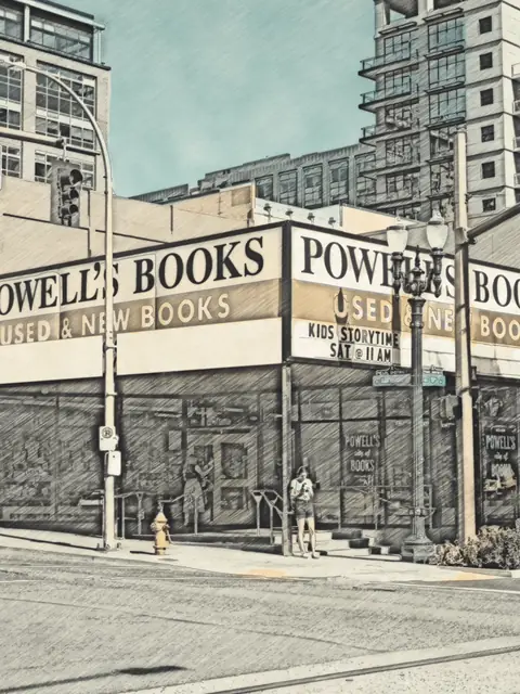 Watercolor sketch of Powell’s City of Books, Portland
