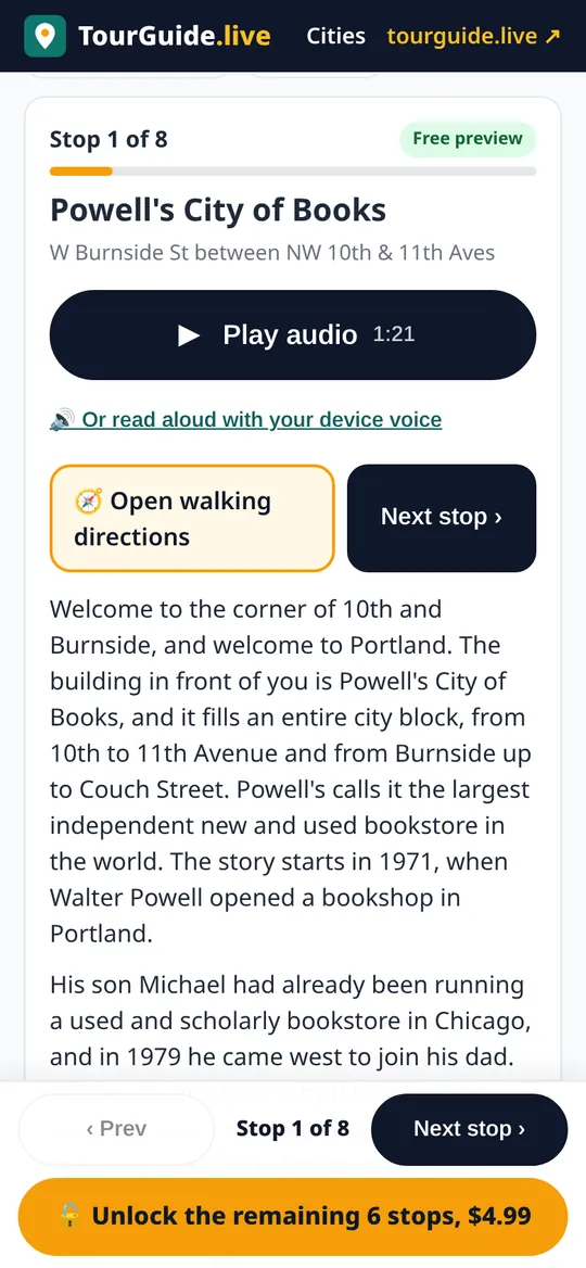 The tour screen on a phone: stop 1 of 8, Powell’s City of Books, with a Play audio button, walking directions and the story text
